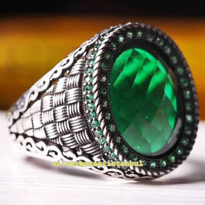 Turkish Luxury Emerald Stone 925 Sterling Silver Ring for Men