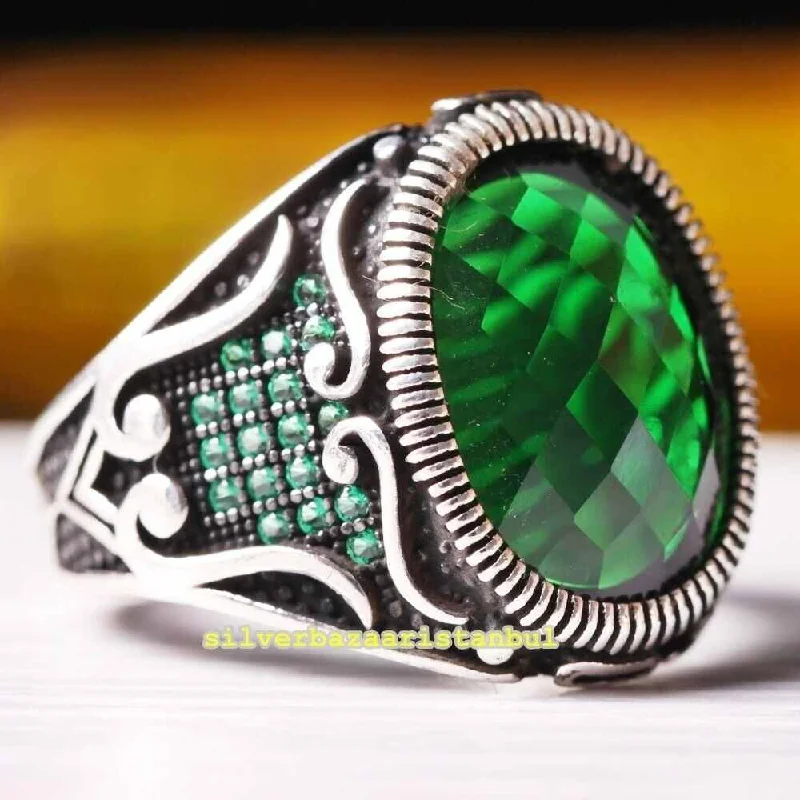 Turkish Luxury Jewelry 925 Sterling Silver Emerald Mens Ring