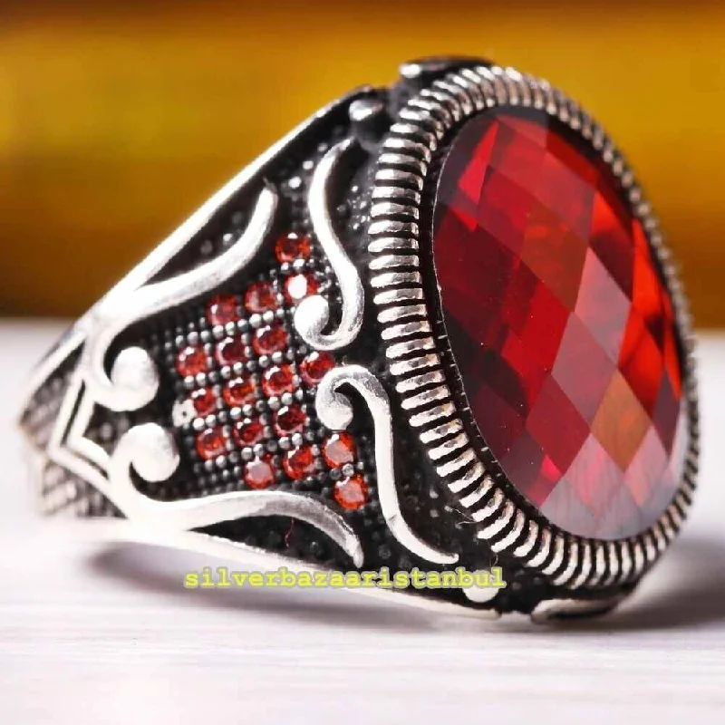 Turkish Luxury Jewelry 925 Sterling Silver Ruby Mens Ring