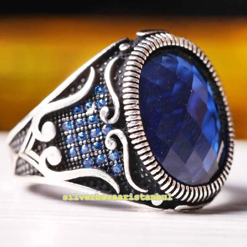 Turkish Luxury Jewelry 925 Sterling Silver Sapphire Mens Ring