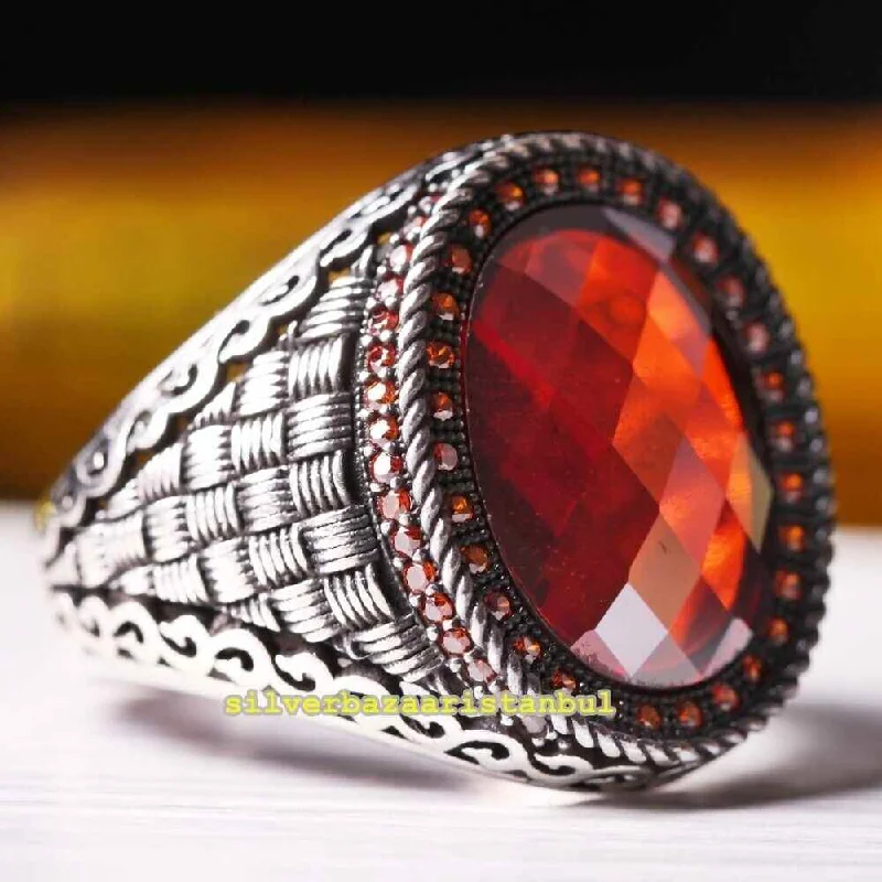 Turkish Luxury Ruby and Citrine Stone 925 Sterling Silver Mens Ring