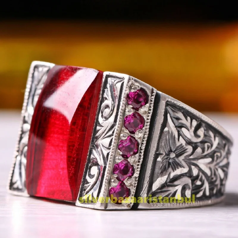 Unique Hand Engraved 925 Sterling Silver Multi Ruby Stone Mens Ring