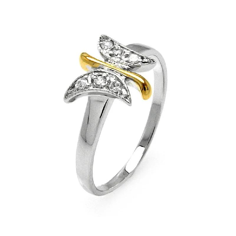 Silver 925 Rhodium and Gold Plated 2 Toned Clear Pave Set CZ Butterfly Ring - BGR00505