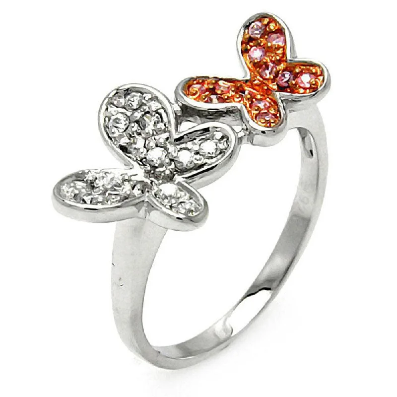 Closeout-Silver 925 Rhodium and Rose Gold Plated Pink and Clear CZ Butterfly Ring - STR00004PNK-CLR