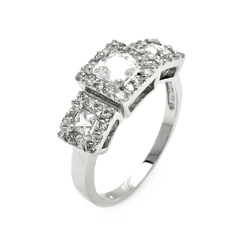 Silver 925 Rhodium Plated 3 Set Clear CZ Square Bridal Ring - BGR00543