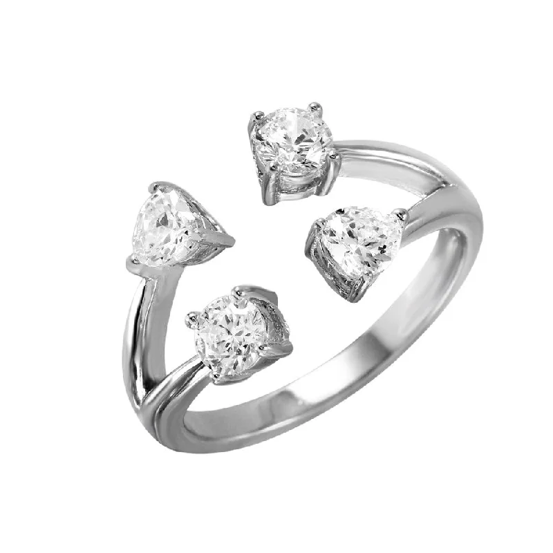 Silver 925 Rhodium Plated 4 Ends Open Ring with CZ Accents Caps - BGR00985