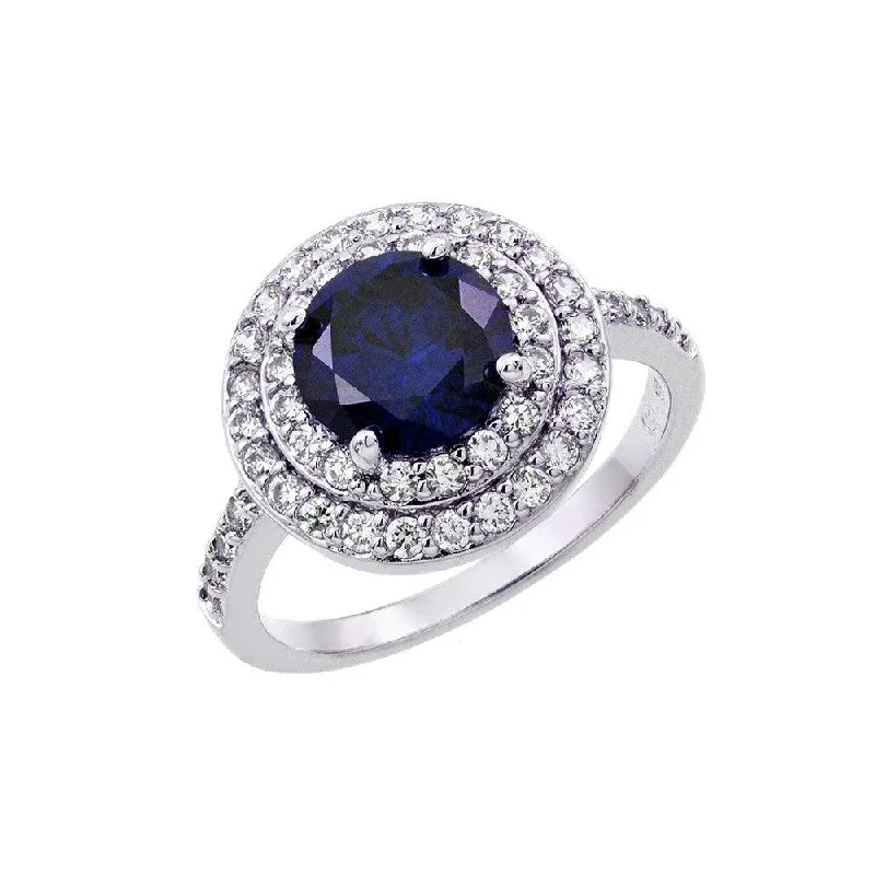 Silver 925 Rhodium Plated Blue Center and Clear Cluster CZ Ring - BGR00886TAN