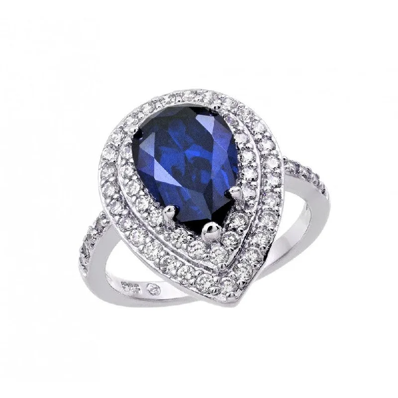 Silver 925 Rhodium Plated Blue Center and Clear Cluster CZ Teardrop Ring - BGR00887TAN