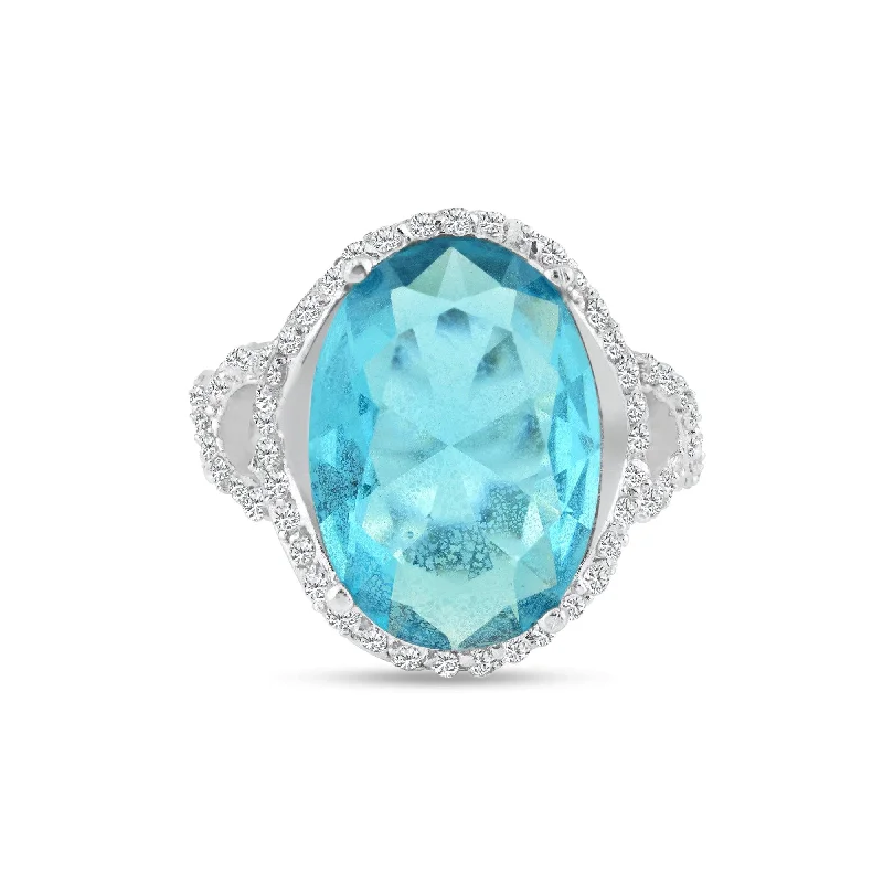 Silver 925 Rhodium Plated Blue Center and Clear CZ Ring - STR00543