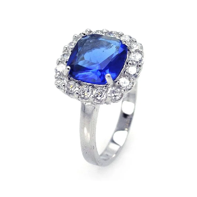 Silver 925 Rhodium Plated Blue Center Clear Cluster CZ Ring - STR00381BLU