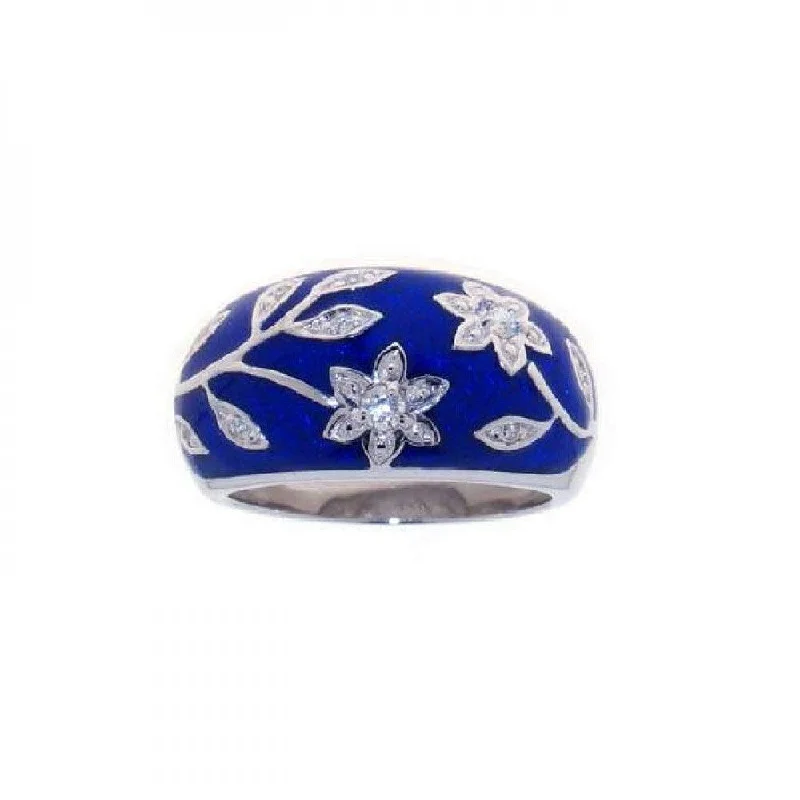 Silver 925 Rhodium Plated Blue Enamel CZ Flower Ring - STR00607