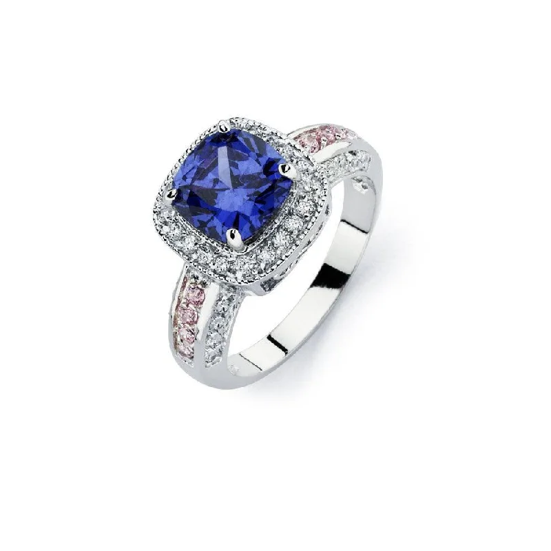 Silver 925 Rhodium Plated Blue Square Center and Clear Cluster CZ Bridal Ring - BGR00746