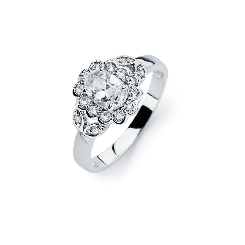 Silver 925 Rhodium Plated Clear Cluster CZ Flower Ring - BGR00730