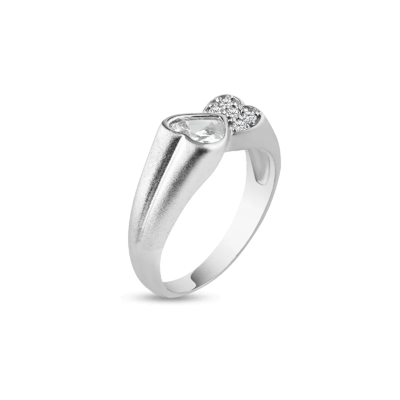 Silver 925 Rhodium Plated Clear CZ Double Heart Ends Ring - AAR0004