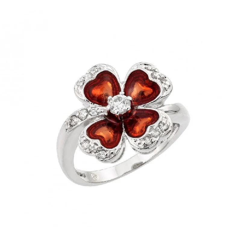 Silver 925 Rhodium Plated Clear CZ Red Clover Ring - BGR00909