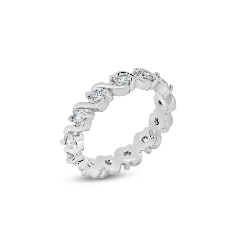 Silver 925 Rhodium Plated Clear CZ Wave Eternity Ring - BGR00364