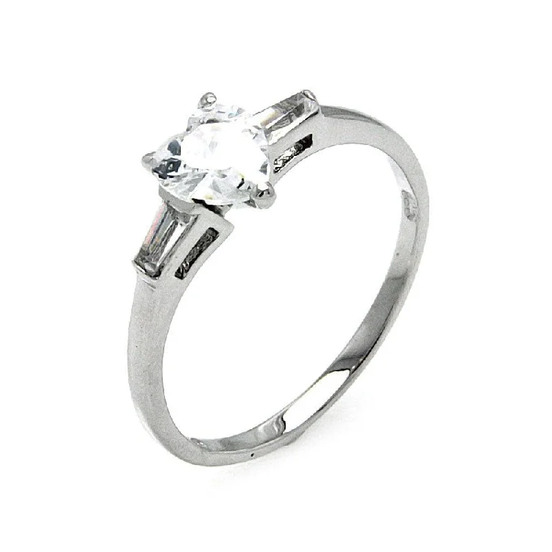 Silver 925 Rhodium Plated Clear Heart and Baguette Sides CZ Ring - BGR00477