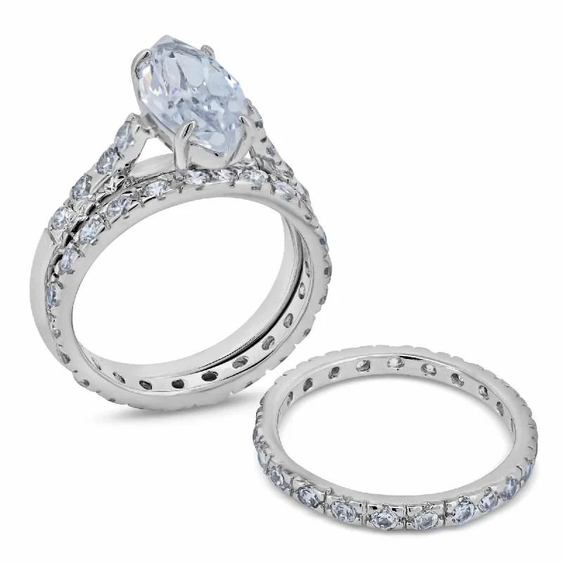 Silver 925 Rhodium Plated Clear Marquise Center Round CZ Bridal Ring Set - BGR00249