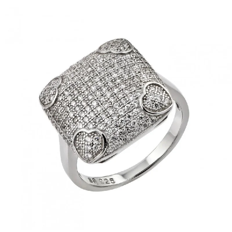 Silver 925 Rhodium Plated Clear Micro Pave CZ Heart Square Ring - STR00959