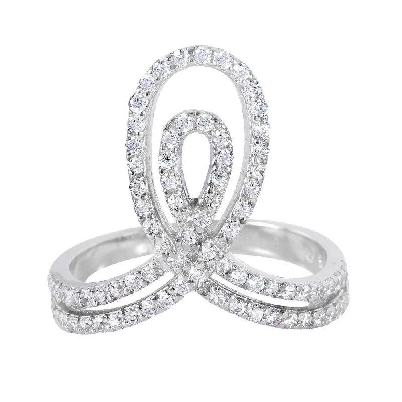 Silver 925 Rhodium Plated Clear Pave Set Double Loop Ring - BGR00946