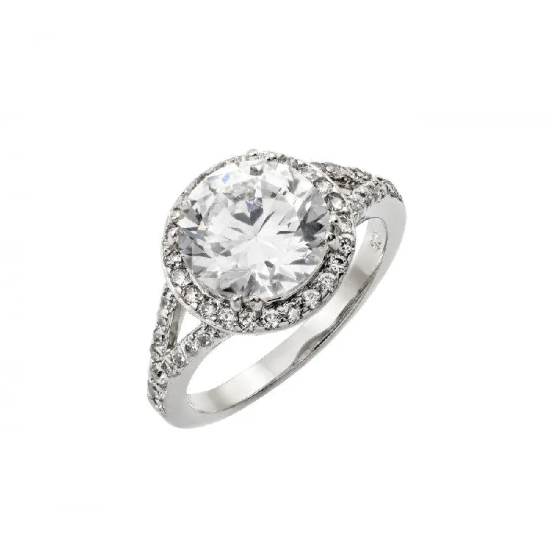 Silver 925 Rhodium Plated Clear Round and Cluster CZ Bridal Ring - BGR00873