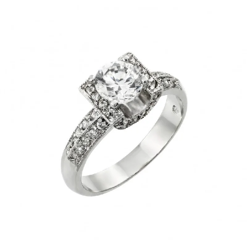 Silver 925 Rhodium Plated Clear Round Center and Pave Set CZ Square Ring - BGR00895