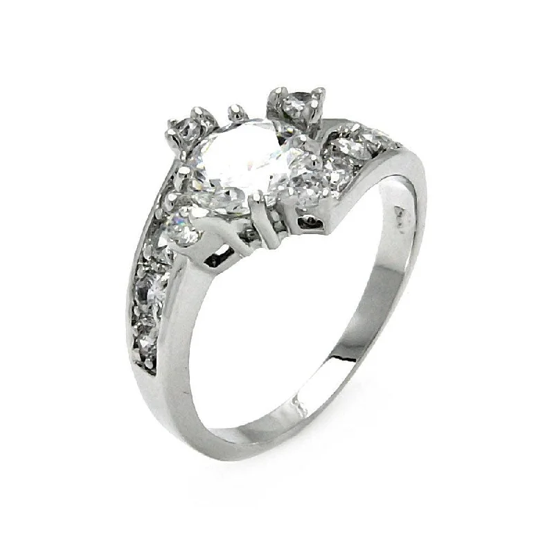 Silver 925 Rhodium Plated Clear Round Center Pave Set CZ Bridal Ring - BGR00560