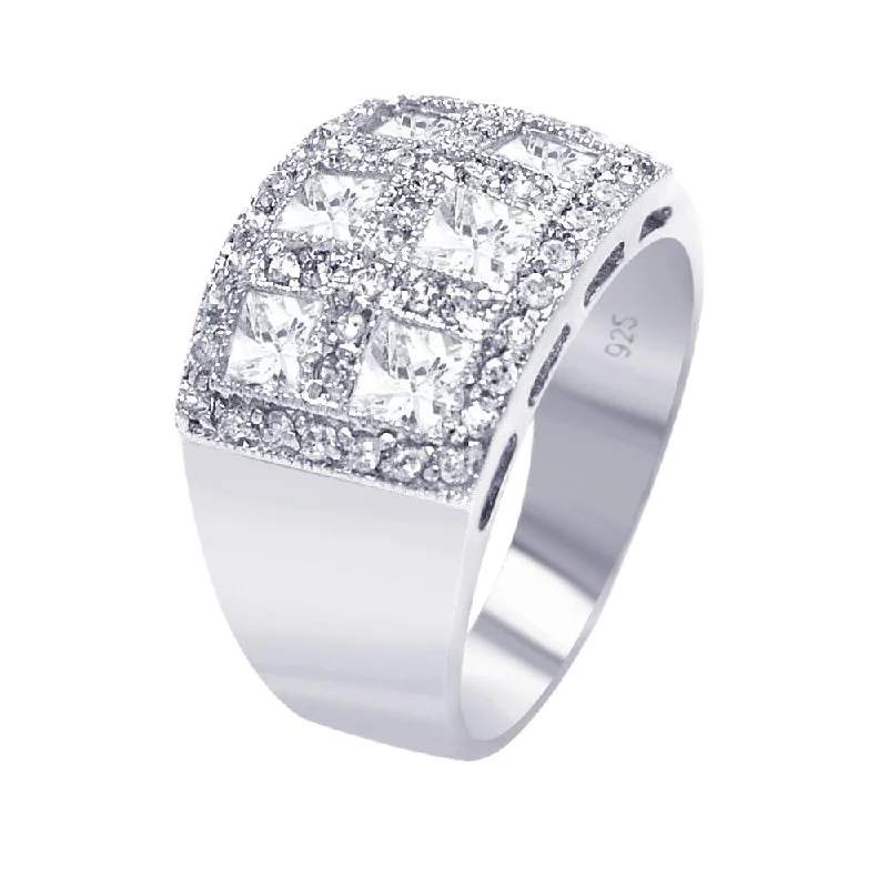 Silver 925 Rhodium Plated Clear Square Pave CZ Cigar Band Bling Ring - AAR0055