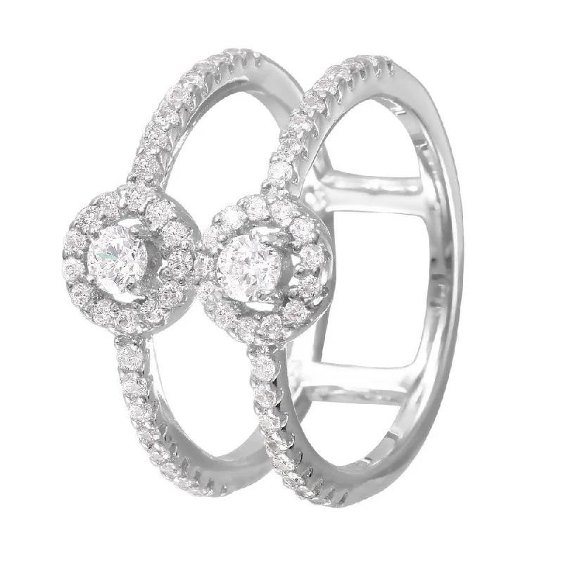 Silver 925 Rhodium Plated CZ Accented Two-Band Ring - BGR00996