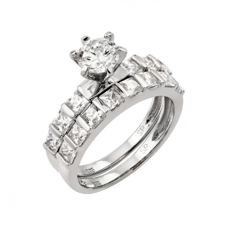 Silver 925 Rhodium Plated CZ Engagement Ring Pair Set - STR00987