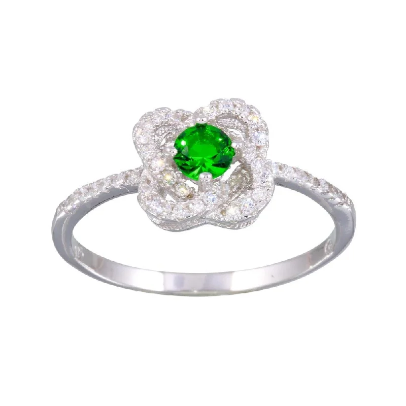 Rhodium Plated 925 Sterling Silver CZ Knot Green Center Stone Ring - BGR01141GRN