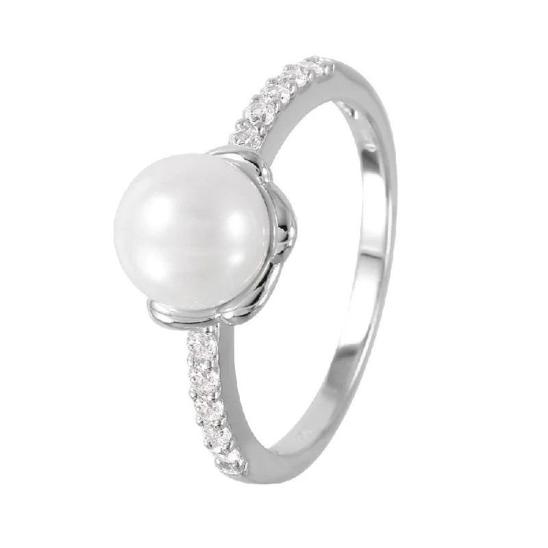 Silver 925 Rhodium Plated Faux Pearl CZ Accent Ring - GMR00056