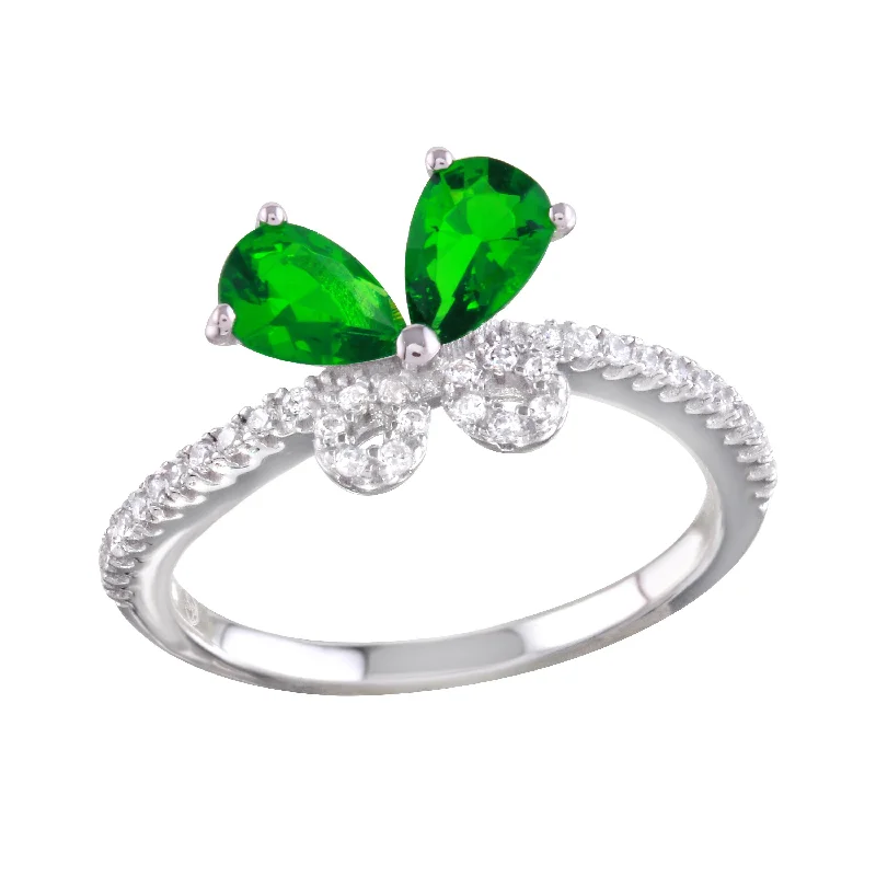 Rhodium Plated 925 Sterling Silver Green Butterfly CZ Ring - BGR01164GRN