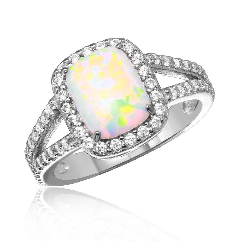 Silver 925 Rhodium Plated Halo Ring with Synthetic Baguette Opal and CZ - BGR01041