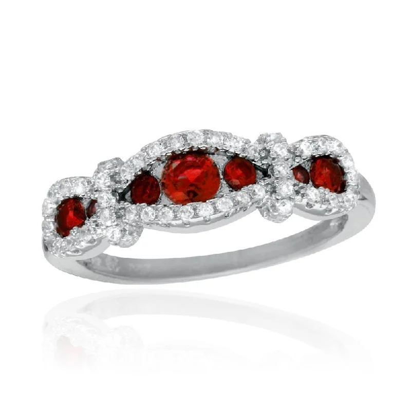 Rhodium Plated 925 Sterling Silver Knotted Red CZ Ring - BGR01112RED