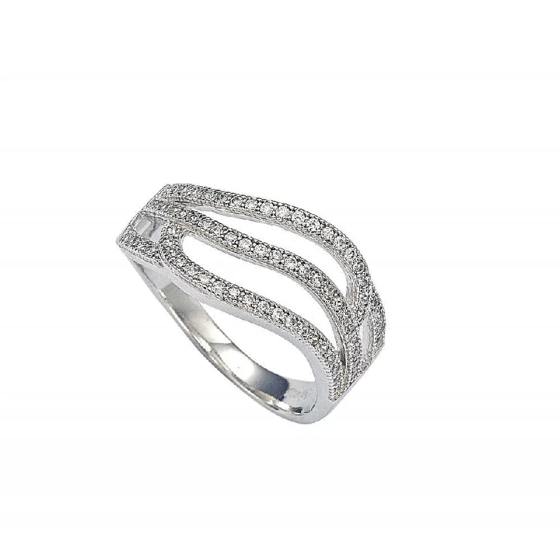 Silver 925 Rhodium Plated Micro Pave Set Clear CZ Wave Ring - GMR00008