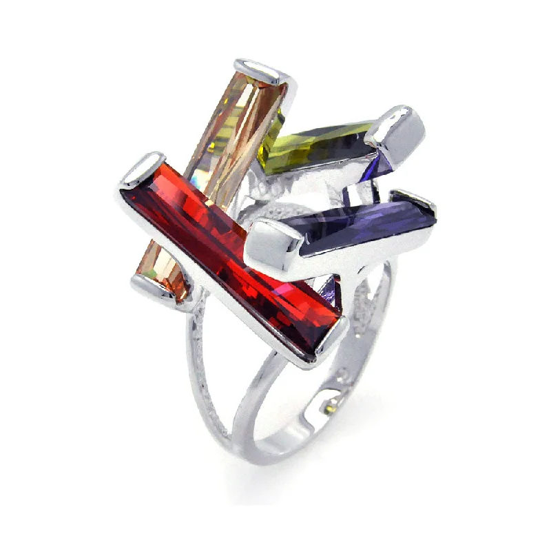 Closeout-Silver 925 Rhodium Plated Multi Colored CZ Open Long Bar Ring - BGR00259