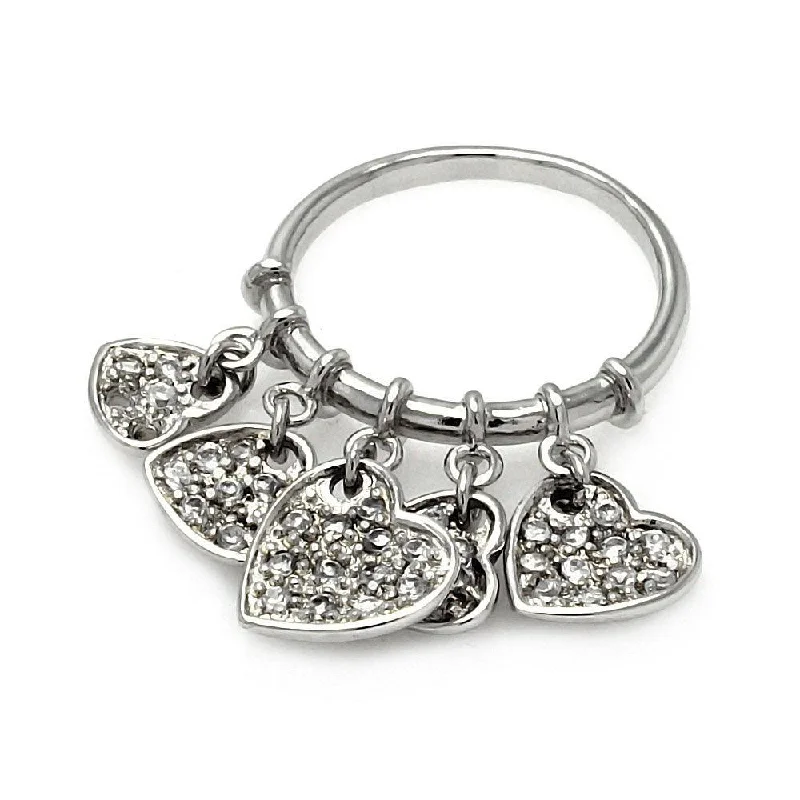 Closeout-Silver 925 Rhodium Plated Multi Dangling CZ Heart Ring - STR00187