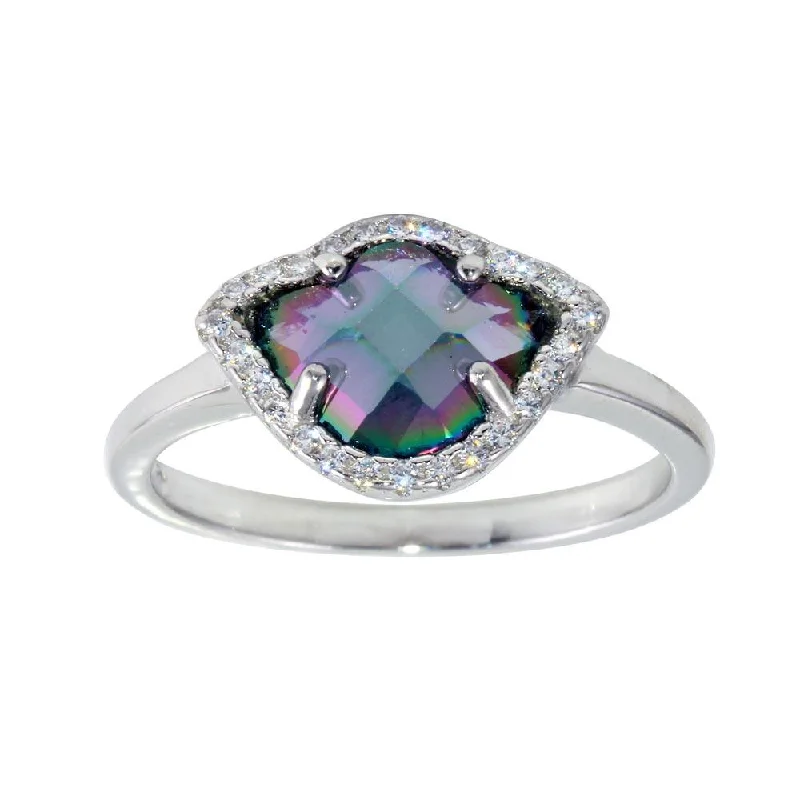 Rhodium Plated 925 Sterling Silver Oval Synthetic Mystic Topaz CZ Ring - BGR01247