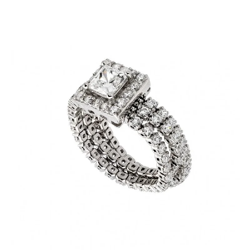 Silver 925 Rhodium Plated Pave Set Clear CZ Flexible Square Ring - GMR00010