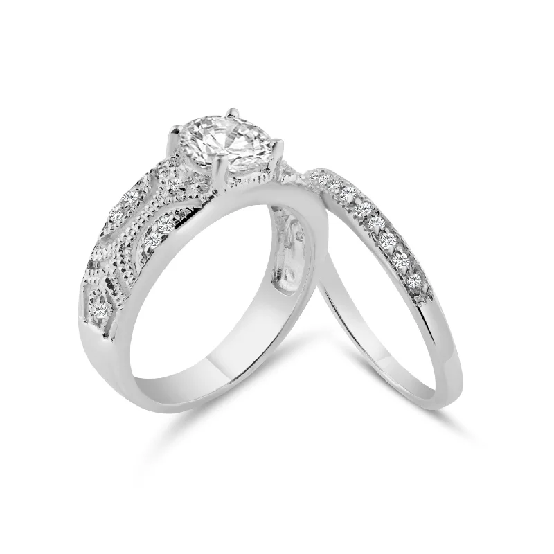 Silver 925 Rhodium Plated Pave Set CZ Ring Wedding Set - STR00536