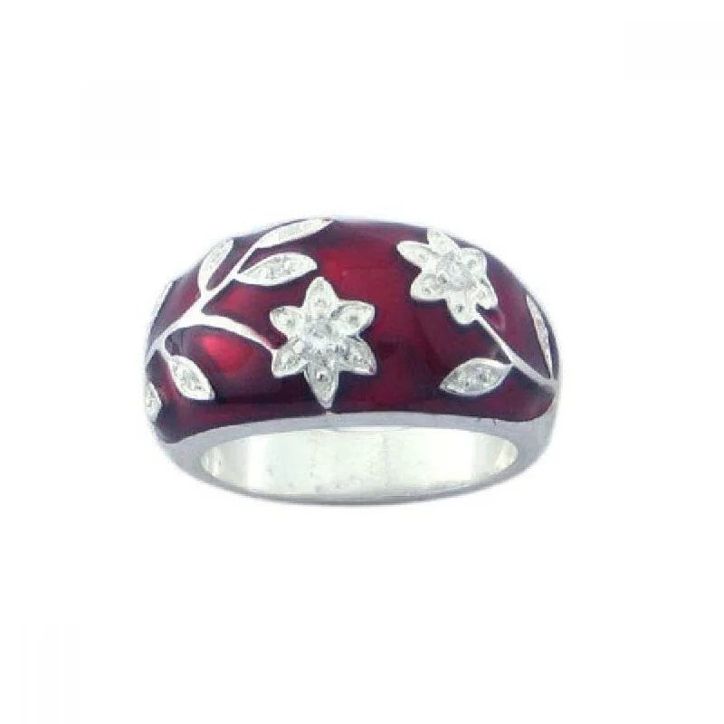 Silver 925 Rhodium Plated Red Enamel CZ Flower Ring - STR00545