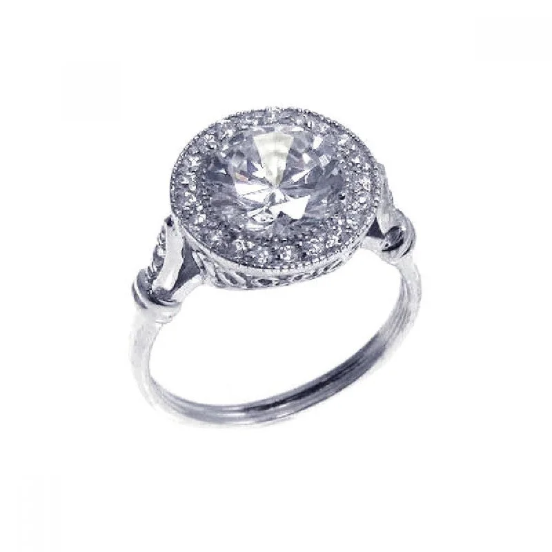 Closeout-Silver 925 Rhodium Plated Round Center and Cluster CZ Ring - STR00524