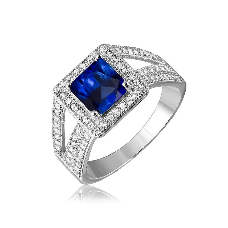 Silver 925 Rhodium Plated Sapphire Square Halo with Micro Pave CZ Ring - GMR00103S