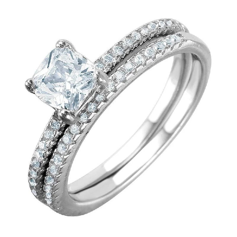 Silver 925 Rhodium Plated Square Center CZ Bridal Ring - BGR01010