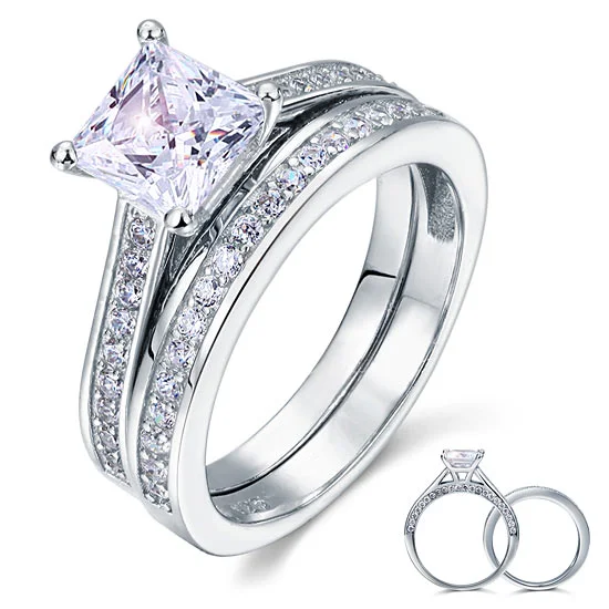 1.5 Carat Princess Cut Created Diamond 925 Sterling Silver 2-Pcs Wedding Engagement Ring Set XFR8009S