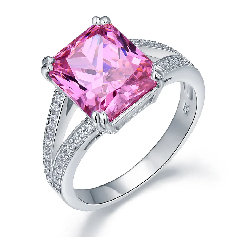 925 Sterling Silver Luxury Ring 6 Carat Fancy Pink Created Diamond Radiant Cut XFR8153