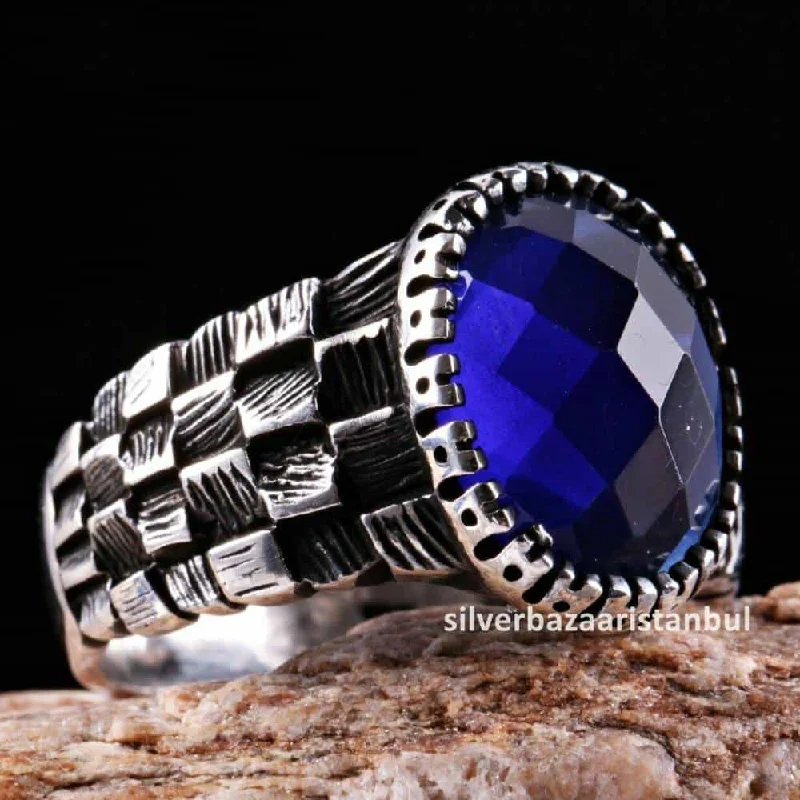 Zigzag Sapphire Stone 925 Sterling Silver Mens Ring