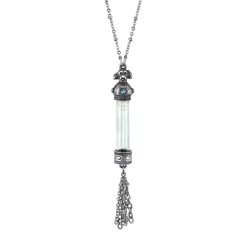 1928 Jewelry® Antiqued Pewter Blue Crystal Cat Vial Tassle Necklace 30In