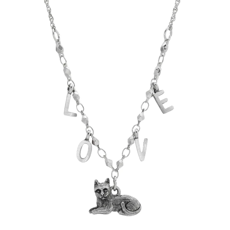 1928 Jewelry® Pewter And Silver Tone Cat With Love Initials Necklace 16 Inches